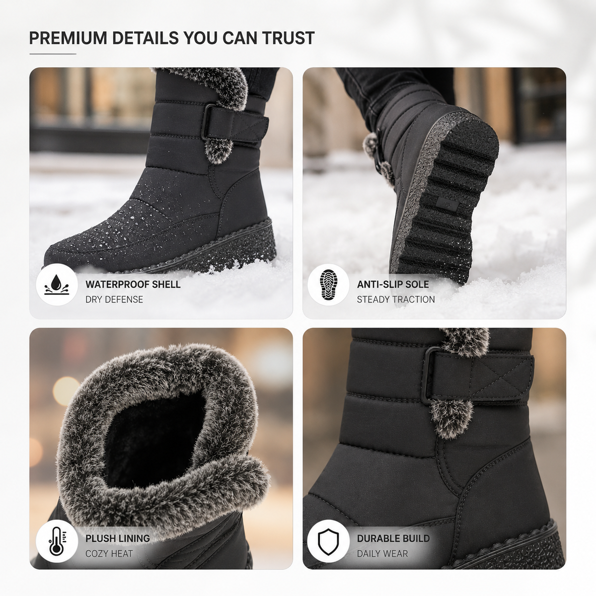 Gefütterte Winterstiefel Damen Wasserabweisend Klettverschluss Rutschfeste Schneestiefel Warm Gefüttert Komfortabel | Sansoti