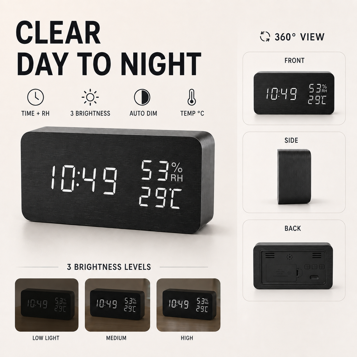 Digitaler Wecker aus Holz, LED-Tischuhr mit Thermometer und Hygrometer, Sprachaktivierung für Schlafzimmer und Schreibtisch | Sansoti