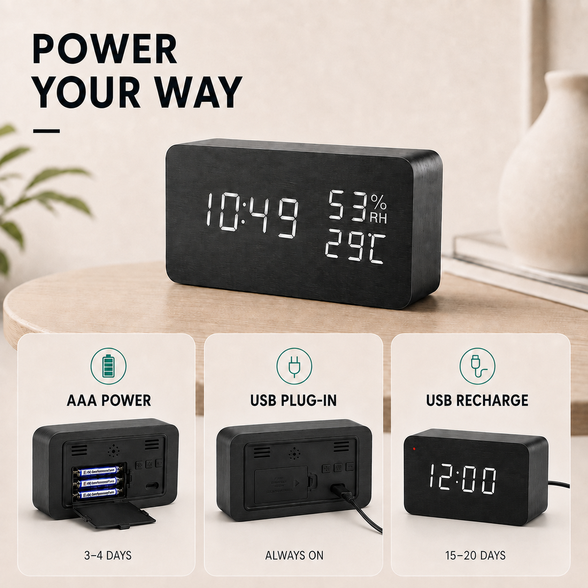 Digitaler Wecker aus Holz, LED-Tischuhr mit Thermometer und Hygrometer, Sprachaktivierung für Schlafzimmer und Schreibtisch | Sansoti