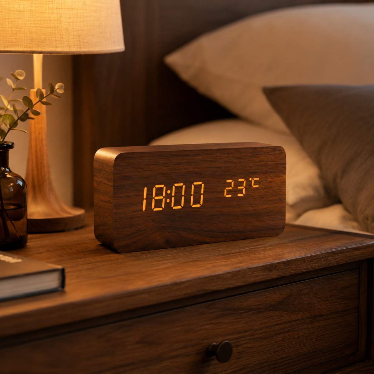Digitaler Wecker aus Holz, LED-Tischuhr mit Thermometer und Hygrometer, Sprachaktivierung für Schlafzimmer und Schreibtisch | Sansoti