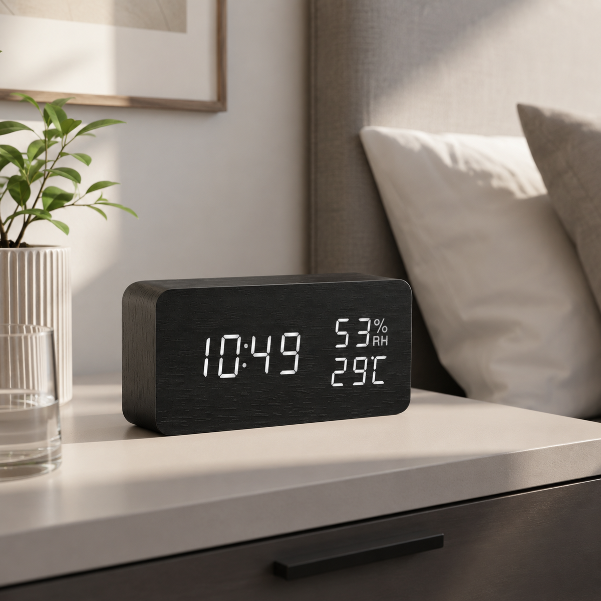 Digitaler Wecker aus Holz, LED-Tischuhr mit Thermometer und Hygrometer, Sprachaktivierung für Schlafzimmer und Schreibtisch | Sansoti