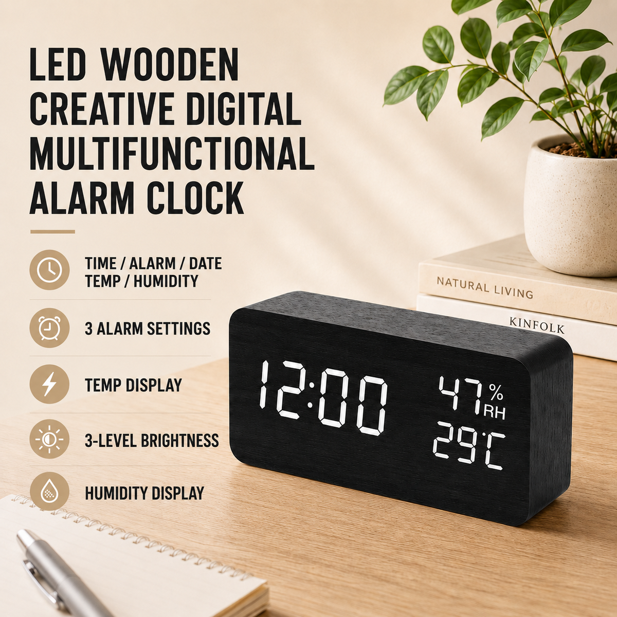 Digitaler Wecker aus Holz, LED-Tischuhr mit Thermometer und Hygrometer, Sprachaktivierung für Schlafzimmer und Schreibtisch | Sansoti