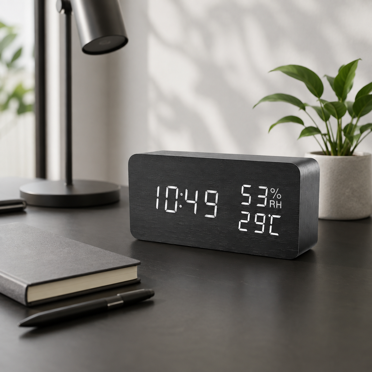Digitaler Wecker aus Holz, LED-Tischuhr mit Thermometer und Hygrometer, Sprachaktivierung für Schlafzimmer und Schreibtisch | Sansoti
