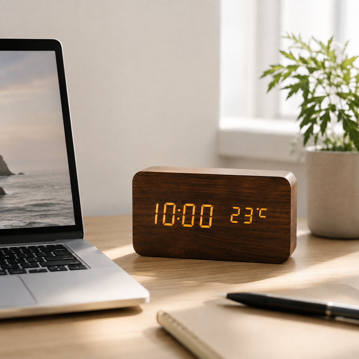 Digitaler Wecker aus Holz, LED-Tischuhr mit Thermometer und Hygrometer, Sprachaktivierung für Schlafzimmer und Schreibtisch | Sansoti