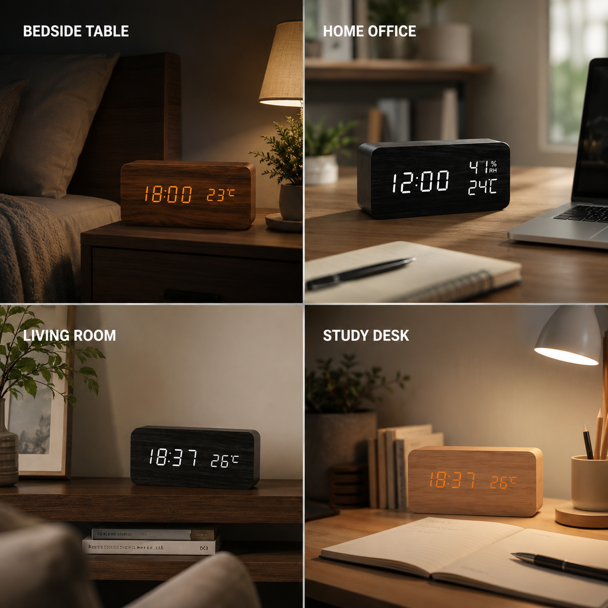 Digitaler Wecker aus Holz, LED-Tischuhr mit Thermometer und Hygrometer, Sprachaktivierung für Schlafzimmer und Schreibtisch | Sansoti