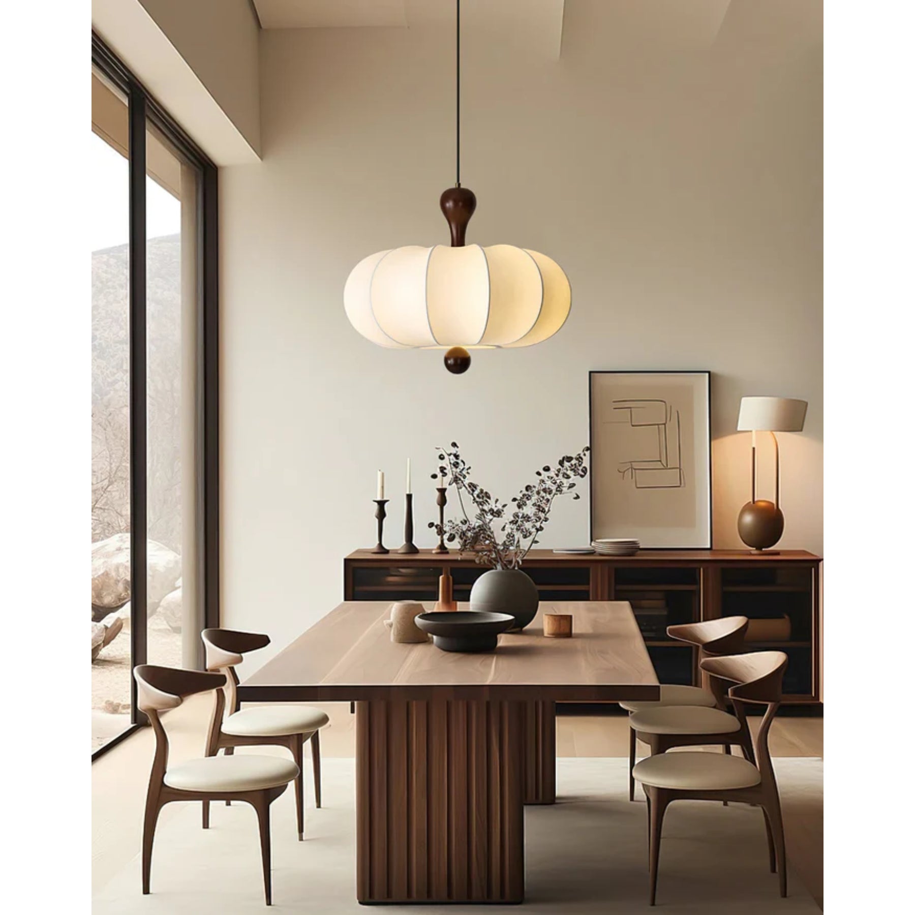 Hanglamp Stof Walnoothout Wit Eettafel Woonkamer Japandi Hanglamp Stoffen Lampionlamp Hal | Sansoti