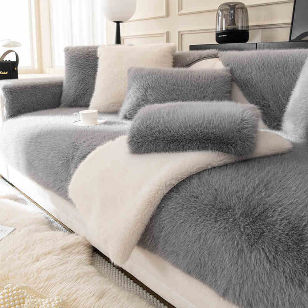 Weicher Sofabezug Rutschfestes Kunstfell Creme Grau Grün Waschbarer Plüschschutz für jedes Sofa | Sansoti
