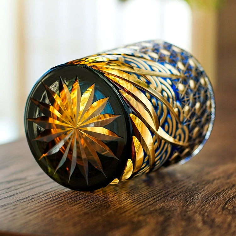 Whiskeyglas Edo Kiriko Blauw Amber Handgemaakt Sterchysant Sterrenzee Japans Kristal | Sansoti