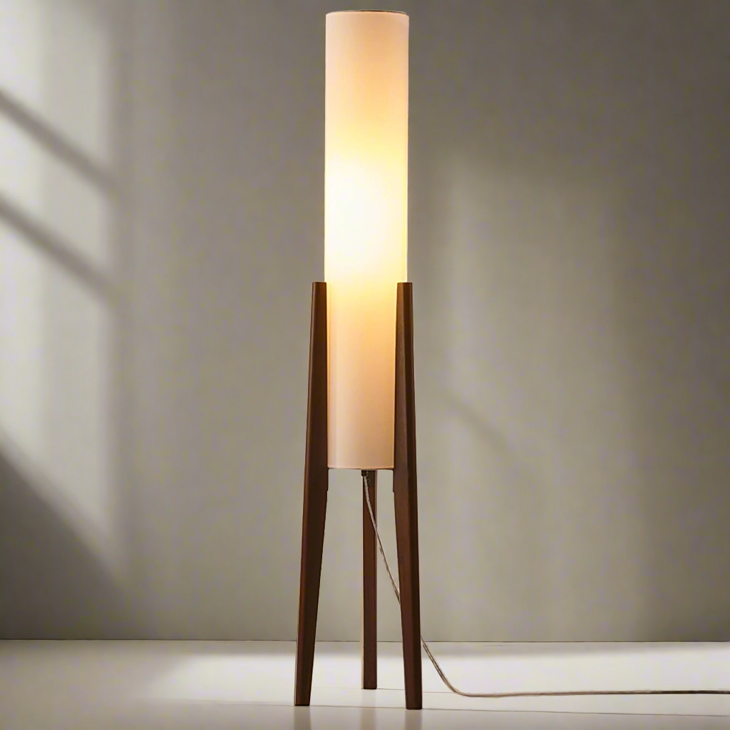 Scandinavische vloerlamp van walnoothout met stoffen kap en warm licht voor stijlvolle interieurs | Sansoti