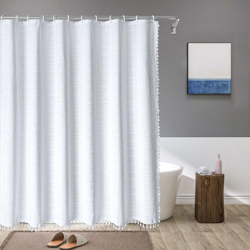 Duschvorhang Leinen Bohemian Wasserdicht Quasten 180x200cm Badezimmer Beige Kariert