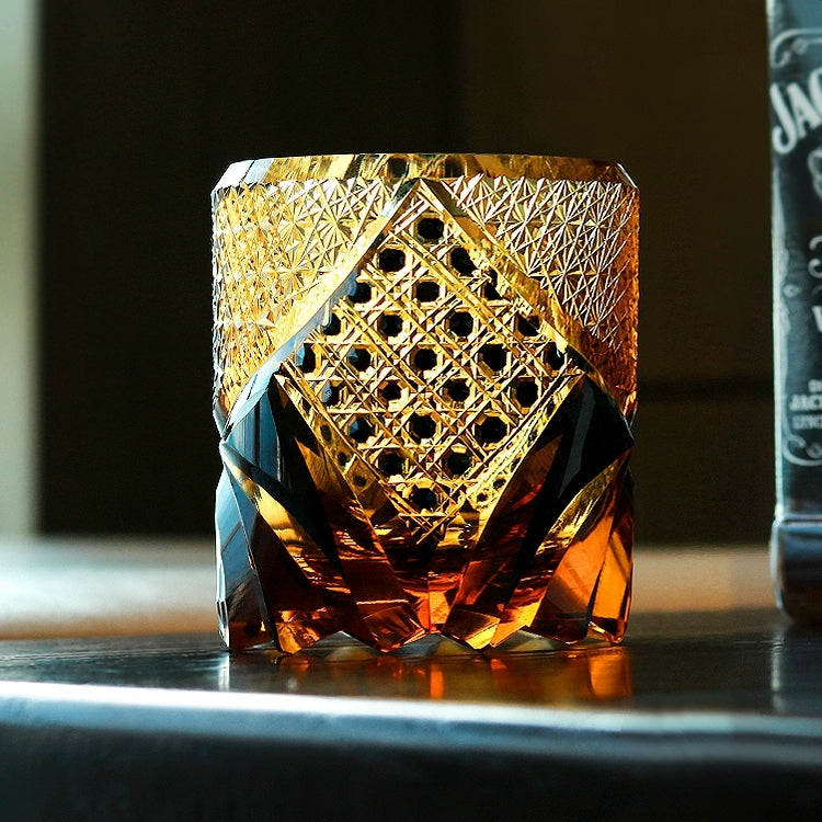 Whiskeyglas Edo Kiriko Dark Knight Handgemaakt Donker Amber Japans Kristal Houten Doos | Sansoti