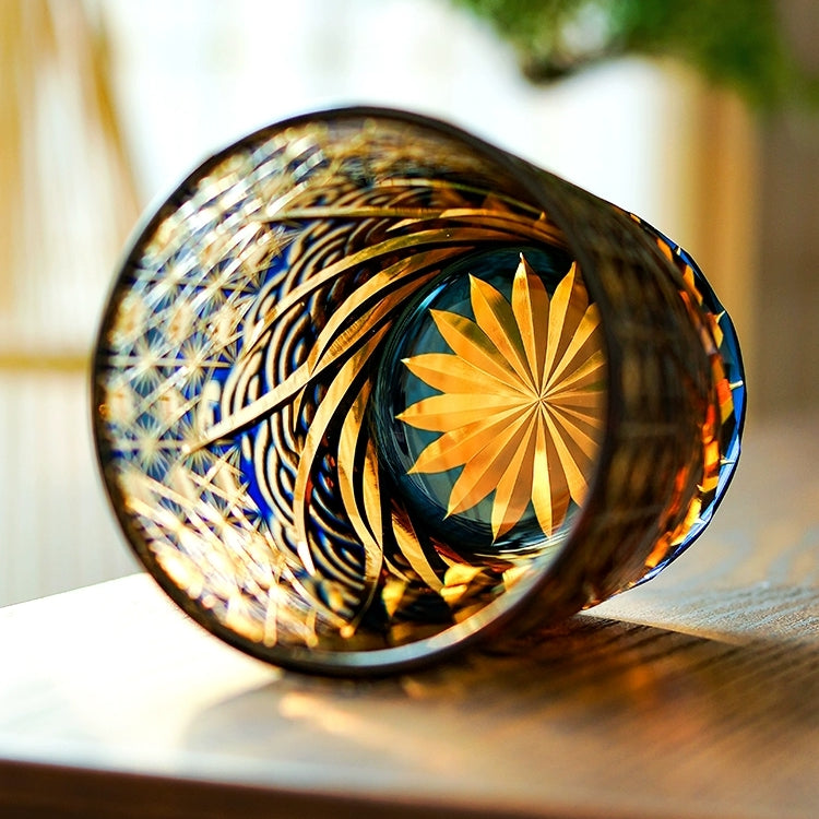 Whiskeyglas Edo Kiriko Blauw Amber Handgemaakt Sterchysant Sterrenzee Japans Kristal | Sansoti