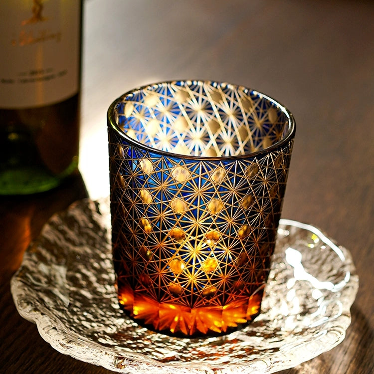 Handgeslepen Whiskeyglazen met Ster en Chrysant Patroon – Blauw Amber & Rood Amber – Inclusief Houten Doos | Sansoti