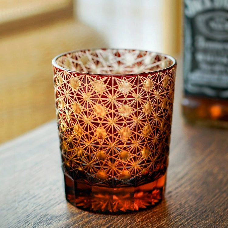 Handgeslepen Whiskeyglazen met Ster en Chrysant Patroon – Blauw Amber & Rood Amber – Inclusief Houten Doos | Sansoti