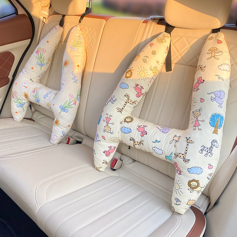 Autokussen Kind Hoofdsteun Katoenmix 67x50cm Beige Reiskussen Auto Neksteun Kinderstoel Lange Rit Comfort Slaapondersteuning | Sansoti