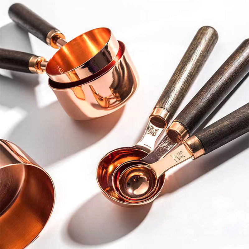 Maatlepels en Maatbekers Set RVS Eikenhout 8-delig Keuken Bakken Koken Precisie Meten Cup Set | Sansoti