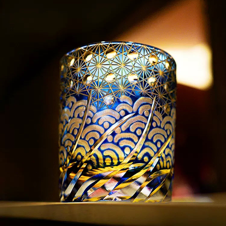 Whiskeyglas Edo Kiriko Blauw Amber Handgemaakt Sterchysant Sterrenzee Japans Kristal | Sansoti