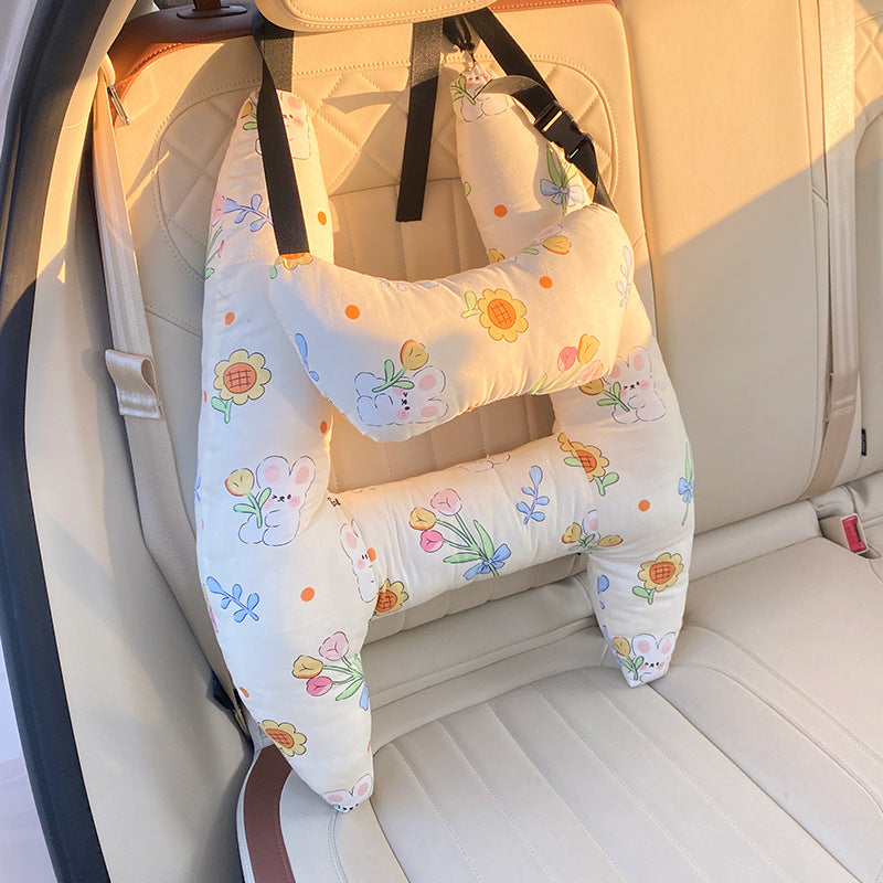 Autokussen Kind Hoofdsteun Katoenmix 67x50cm Beige Reiskussen Auto Neksteun Kinderstoel Lange Rit Comfort Slaapondersteuning | Sansoti