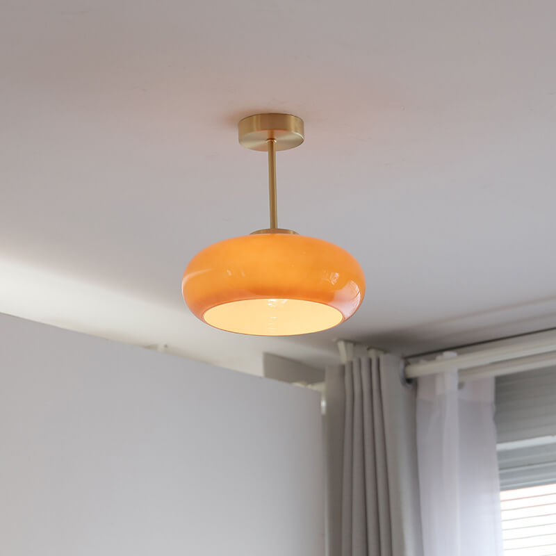 Vintage Plafondlamp van Geel Glas met Messing | Semi-Flush LED Plafondverlichting | Sansoti