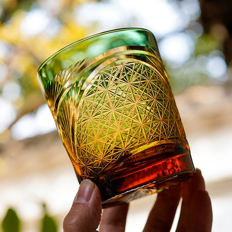 Verre à whisky Edo Kiriko Plume de grue Ambre Fait main Cristal japonais Boîte en bois | Restfield