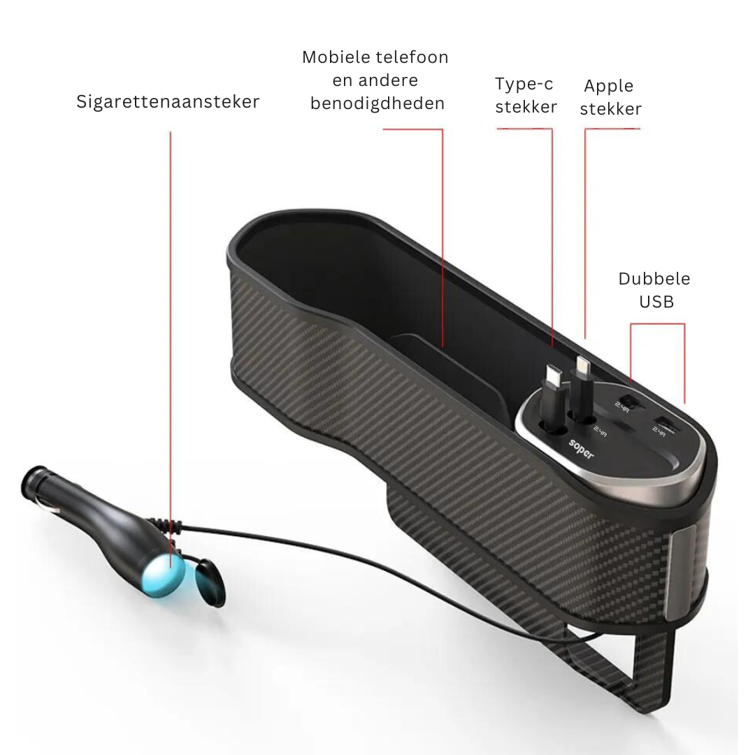 Multifunctionele Auto Organizer met Bekerhouder en Dubbele USB-Oplaadpoorten – Ruimtebesparend Opbergsysteem voor tussen Autostoelen | Sansoti