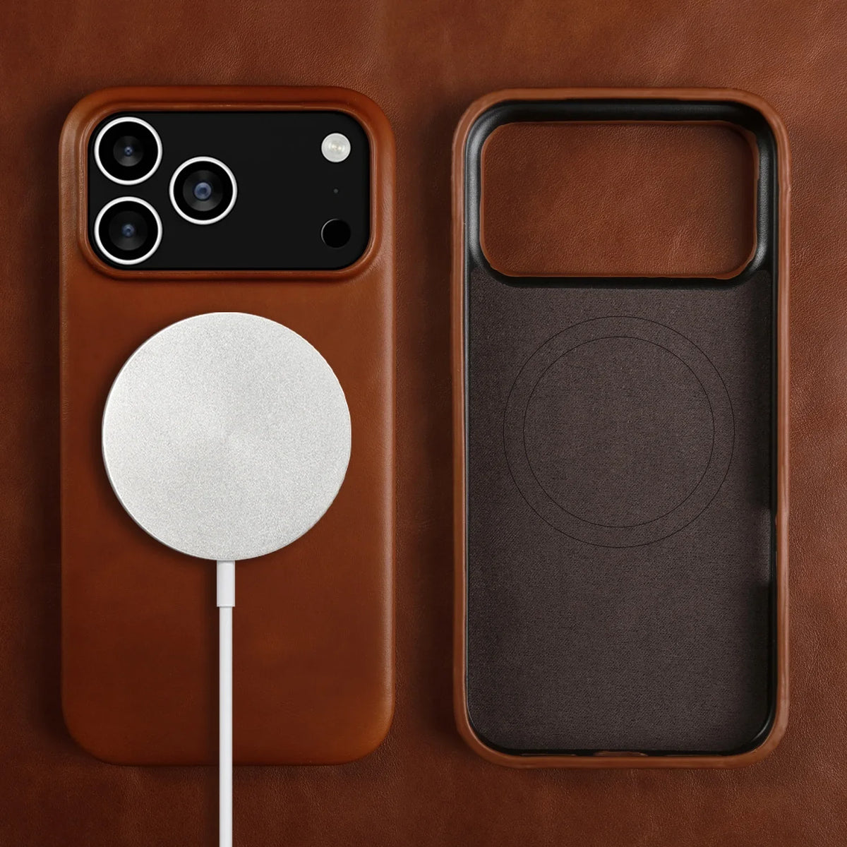 Leren iPhone Hoesje met Magnetische Ring | Draadloos Opladen | MagSafe Compatibel voor iPhone 11-17 Pro Max | Sansoti