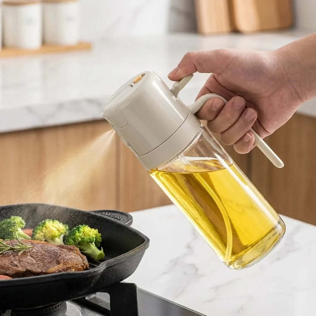 Glazen Olie Dispenser 550ml met Verstuiver en Schenktuit Kookspray Keukenflacon Transparant Hittebestendig Doseerfles | Sansoti