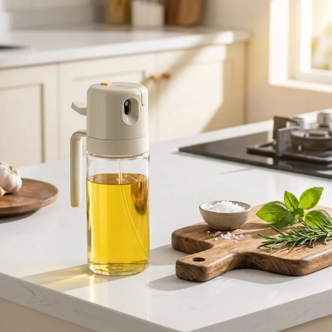 Glazen Olie Dispenser 550ml met Verstuiver en Schenktuit Kookspray Keukenflacon Transparant Hittebestendig Doseerfles | Sansoti