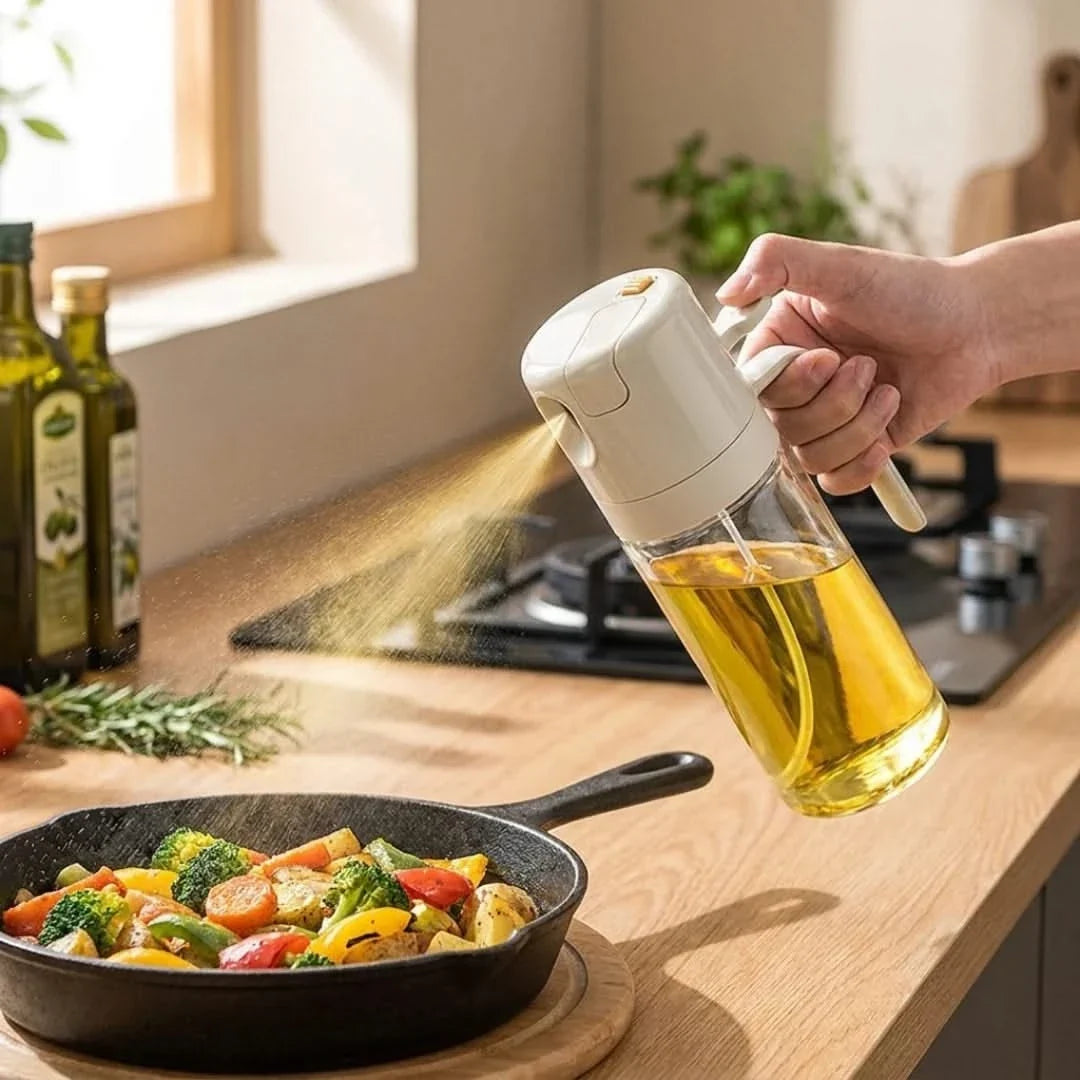 Glazen Olie Dispenser 550ml met Verstuiver en Schenktuit Kookspray Keukenflacon Transparant Hittebestendig Doseerfles | Sansoti
