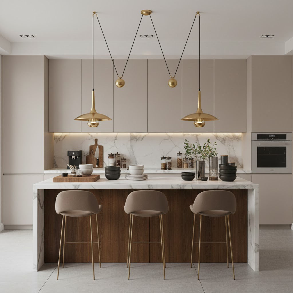 Verstelbare Hanglamp Onos – Hoogte-instelbaar met Tegengewichtbal – Chroom of Goud Metaal – Vintage 1970s Design – Retro Pendelverlichting voor Eettafel en Keukeneiland | Sansoti