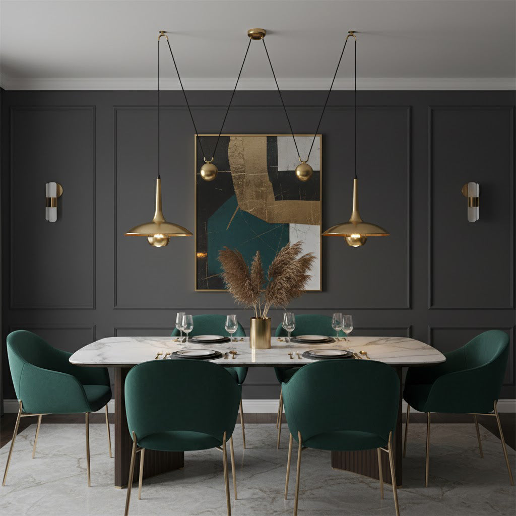 Verstelbare Hanglamp Onos – Hoogte-instelbaar met Tegengewichtbal – Chroom of Goud Metaal – Vintage 1970s Design – Retro Pendelverlichting voor Eettafel en Keukeneiland | Sansoti