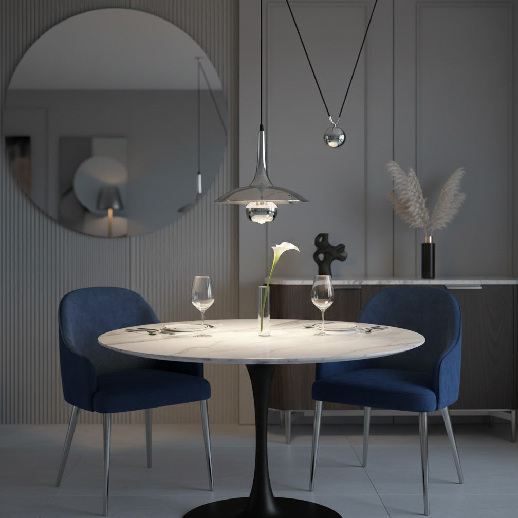 Verstelbare Hanglamp Onos – Hoogte-instelbaar met Tegengewichtbal – Chroom of Goud Metaal – Vintage 1970s Design – Retro Pendelverlichting voor Eettafel en Keukeneiland | Sansoti