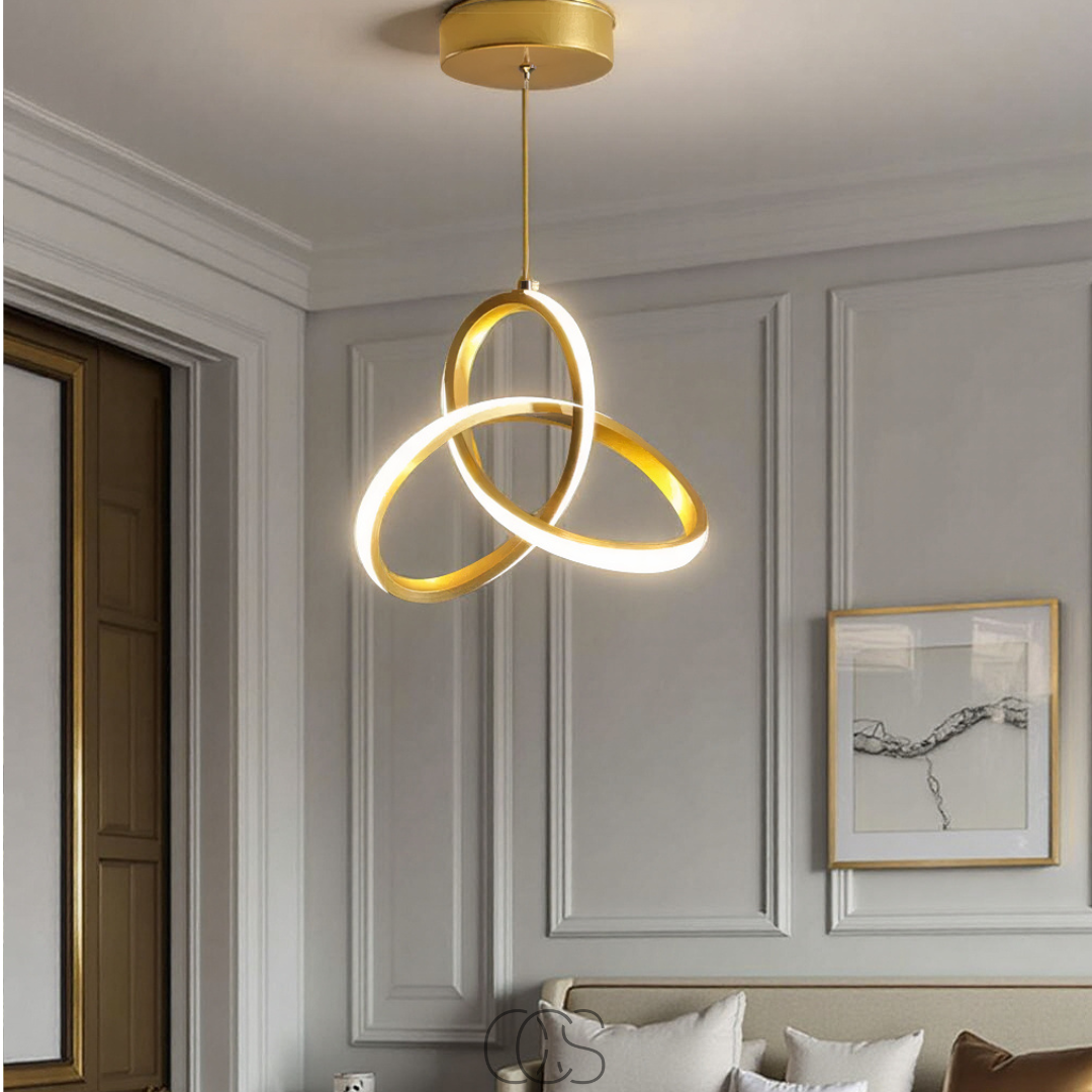 Suspension LED géométrique dorée, 25 cm, tricolore, à intensité variable, en aluminium et acrylique, pour salle à manger, salon ou cuisine | Sansoti