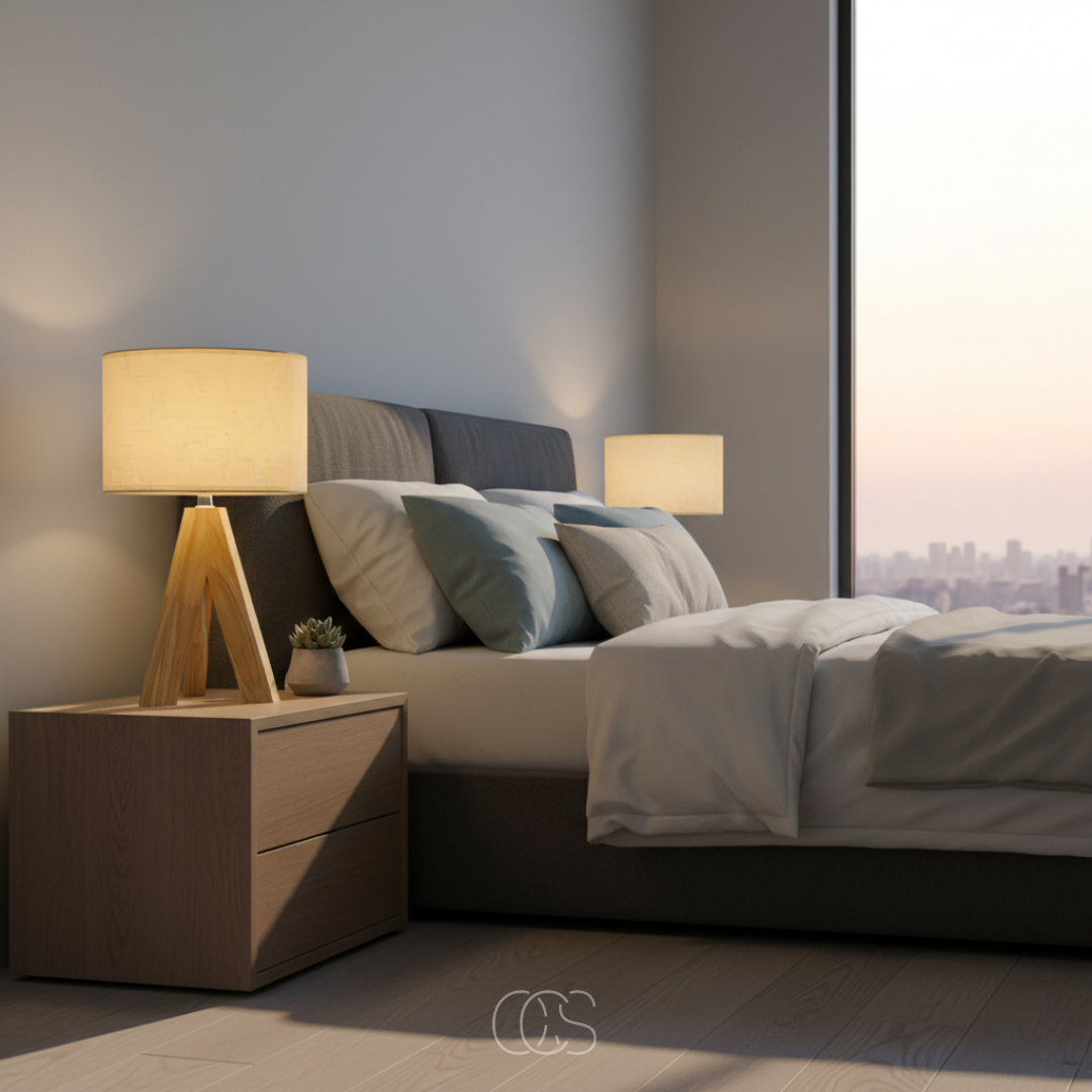 Houten Tafellamp E14 met Textiele Kap Warm Licht Sfeerlamp Nachtkastje Dressoir Woonkamer Scandinavisch | Sansoti