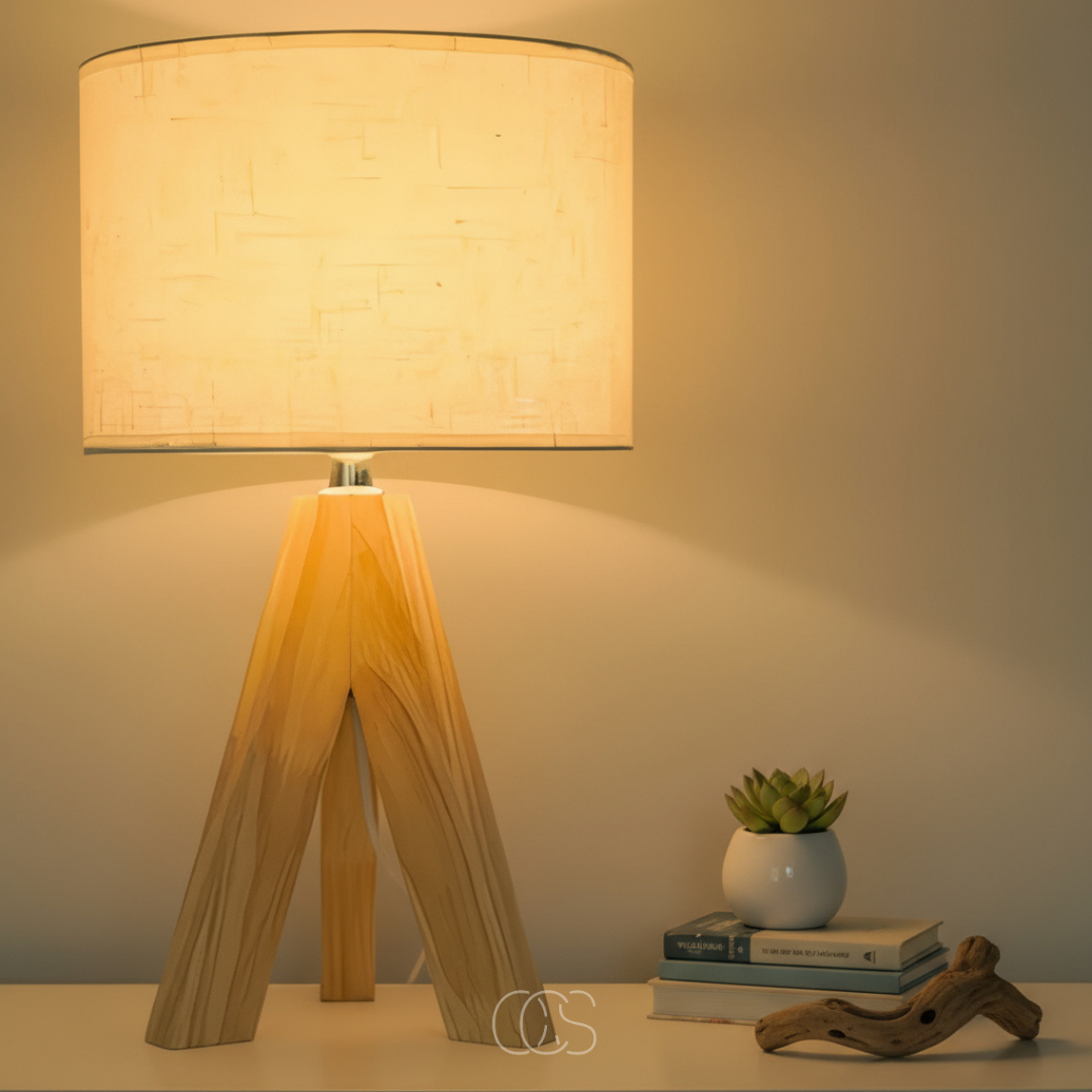 Houten Tafellamp E14 met Textiele Kap Warm Licht Sfeerlamp Nachtkastje Dressoir Woonkamer Scandinavisch | Sansoti