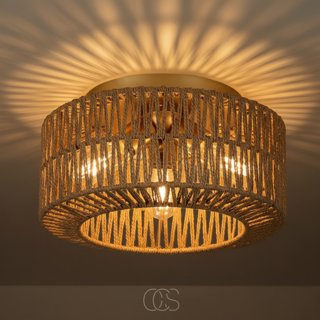 Plafondlamp Rotan Handgeweven 30cm Boho Natuurlijk Licht Schaduwpatroon Sfeervol Woonkamer Eethoek Slaapkamer | Sansoti