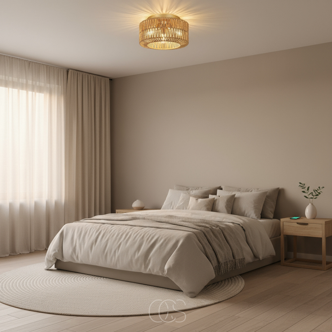Plafondlamp Rotan Handgeweven 30cm Boho Natuurlijk Licht Schaduwpatroon Sfeervol Woonkamer Eethoek Slaapkamer | Sansoti