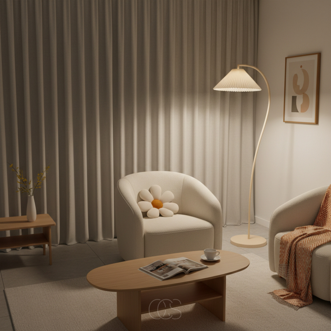 Staande Leeslamp Gebogen Arm Geplooide Kap Beige E27 Woonkamer Slaapkamer Leeshoek Dimbaar Sfeerverlichting | Sansoti