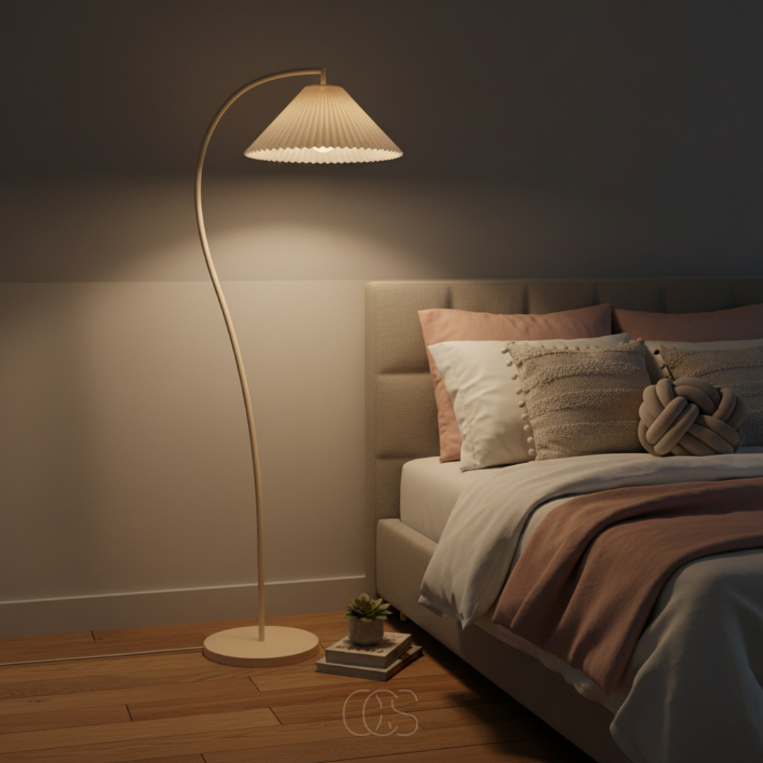 Staande Leeslamp Gebogen Arm Geplooide Kap Beige E27 Woonkamer Slaapkamer Leeshoek Dimbaar Sfeerverlichting | Sansoti