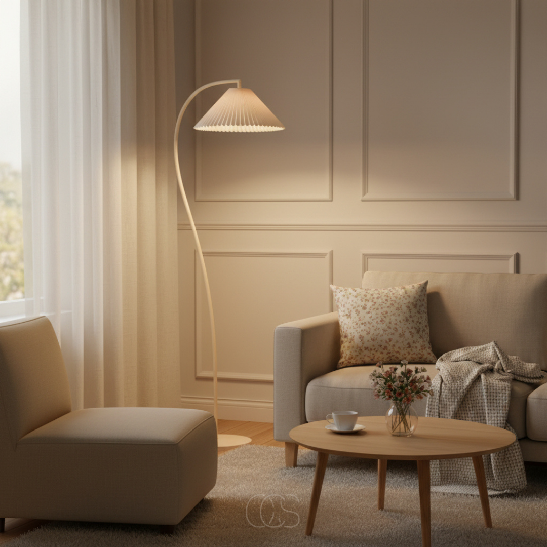 Staande Leeslamp Gebogen Arm Geplooide Kap Beige E27 Woonkamer Slaapkamer Leeshoek Dimbaar Sfeerverlichting | Sansoti