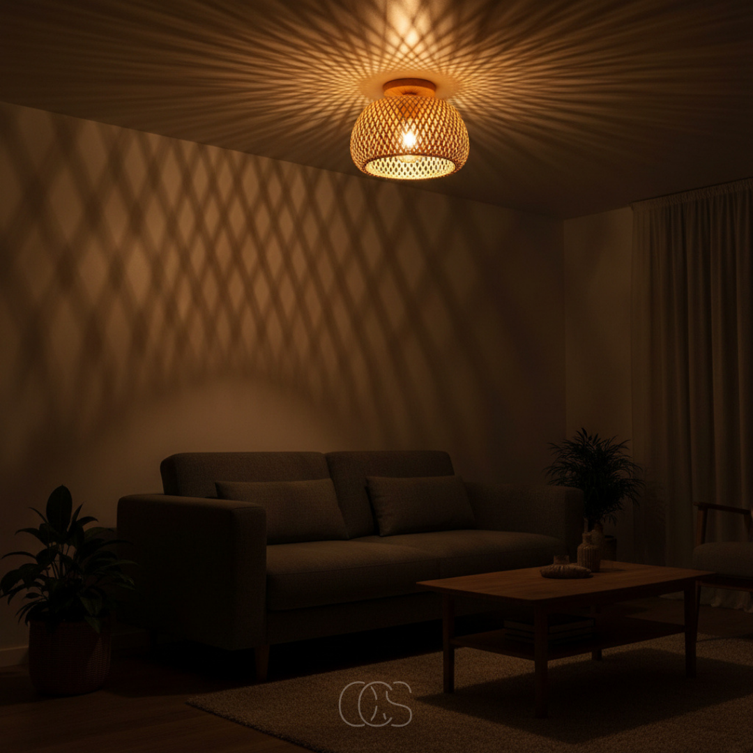 Gevlochten Rotan Plafondlamp Ø30cm Naturel Handgemaakt Sfeerverlichting Scandinavisch Design Woonkamer Slaapkamer | Sansoti