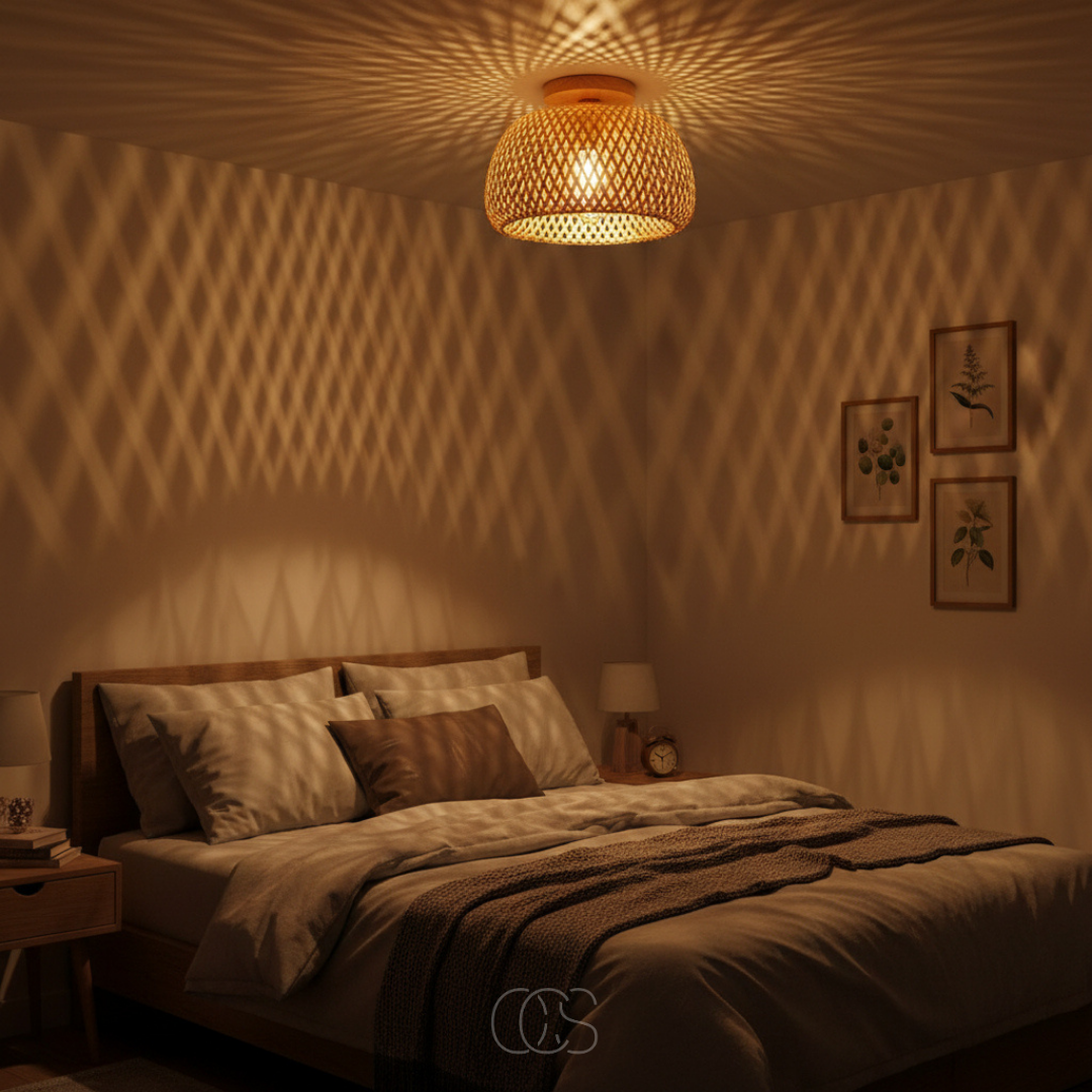 Gevlochten Rotan Plafondlamp Ø30cm Naturel Handgemaakt Sfeerverlichting Scandinavisch Design Woonkamer Slaapkamer | Sansoti