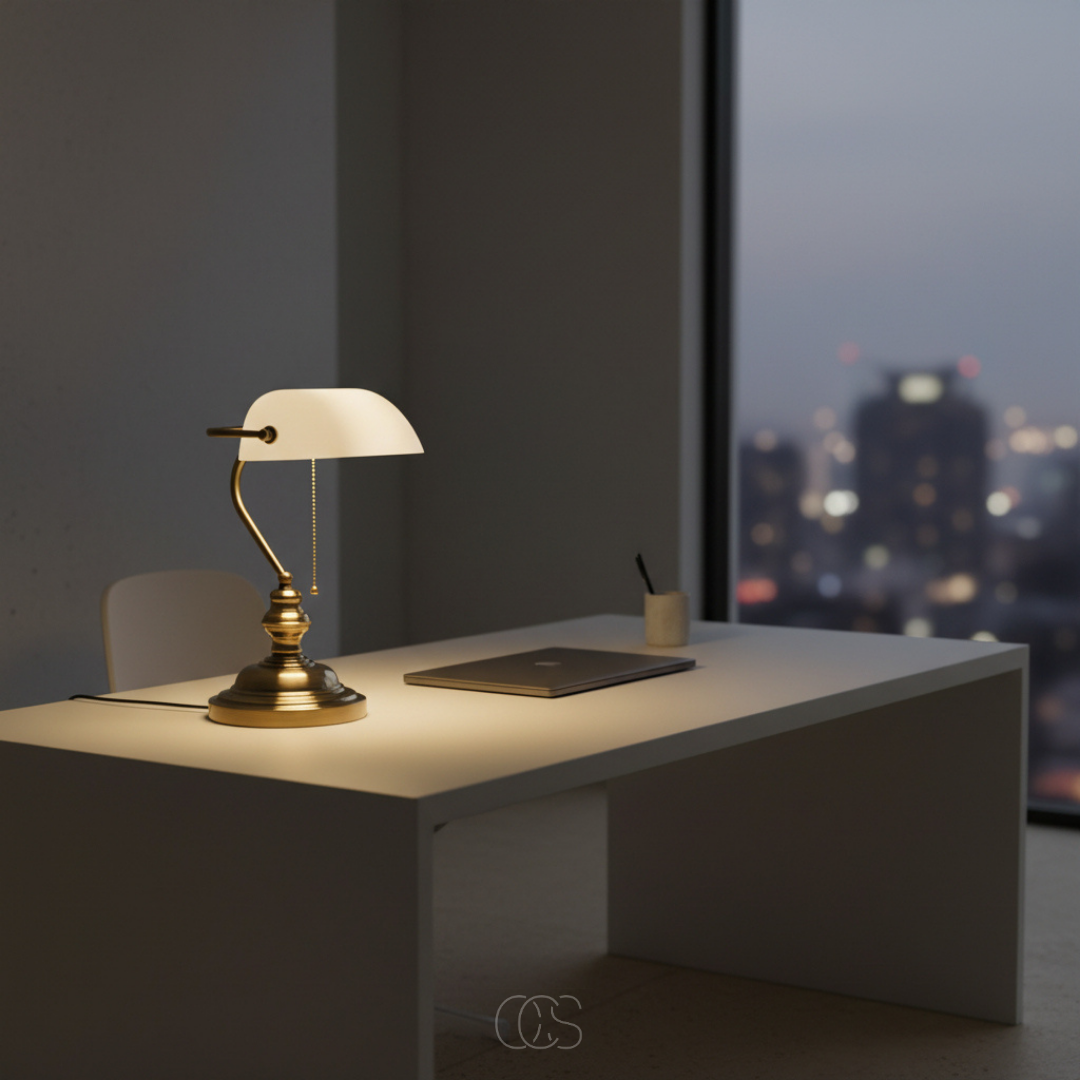 Klassieke Bankierslamp met Glazen Kap Bureauverlichting Metaal E27 Trekschakelaar 39cm Retro Tafellamp | Sansoti