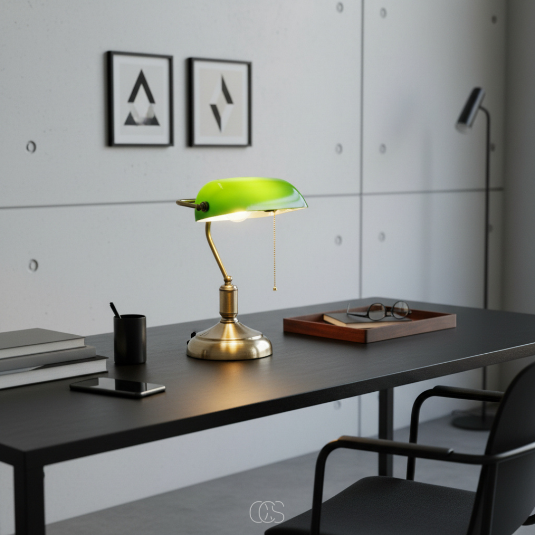 Klassieke Bankierslamp met Glazen Kap Bureauverlichting Metaal E27 Trekschakelaar 39cm Retro Tafellamp | Sansoti