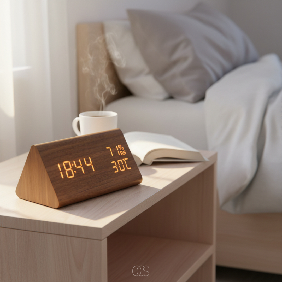 Digitale Wekker Hout LED met Temperatuurmeter Luchtvochtigheid Dimbaar Display Slaapkamer Nachtlampje | Sansoti