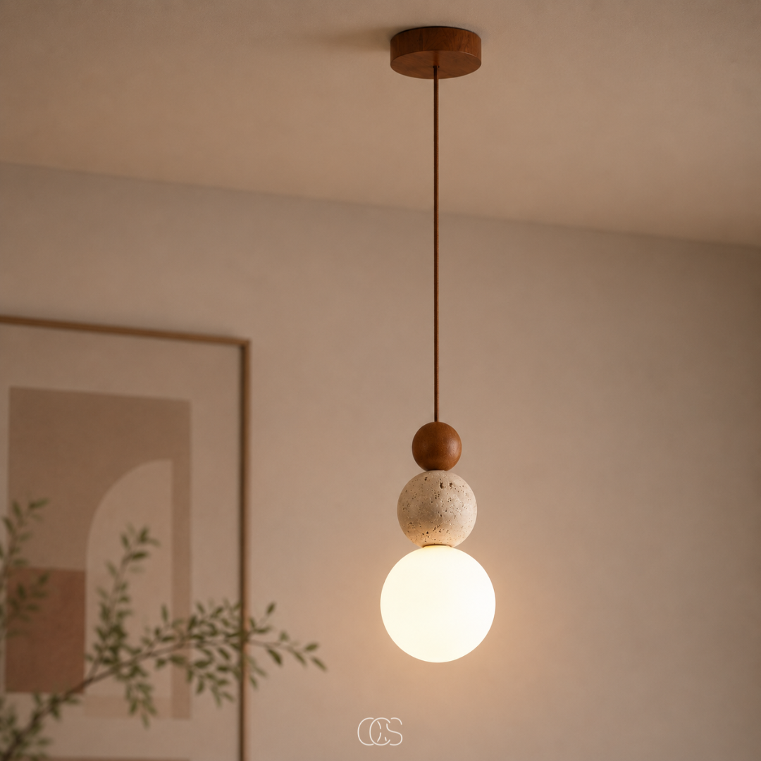 Hängelampe Glaskugel Travertin-Optik minimalistisches Design Esstisch Stimmungslicht Pendelleuchte modernes Interieur Wohnzimmer | Sansoti