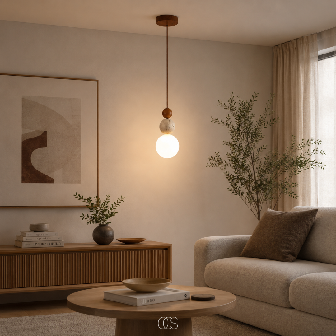 Hängelampe Glaskugel Travertin-Optik minimalistisches Design Esstisch Stimmungslicht Pendelleuchte modernes Interieur Wohnzimmer | Sansoti
