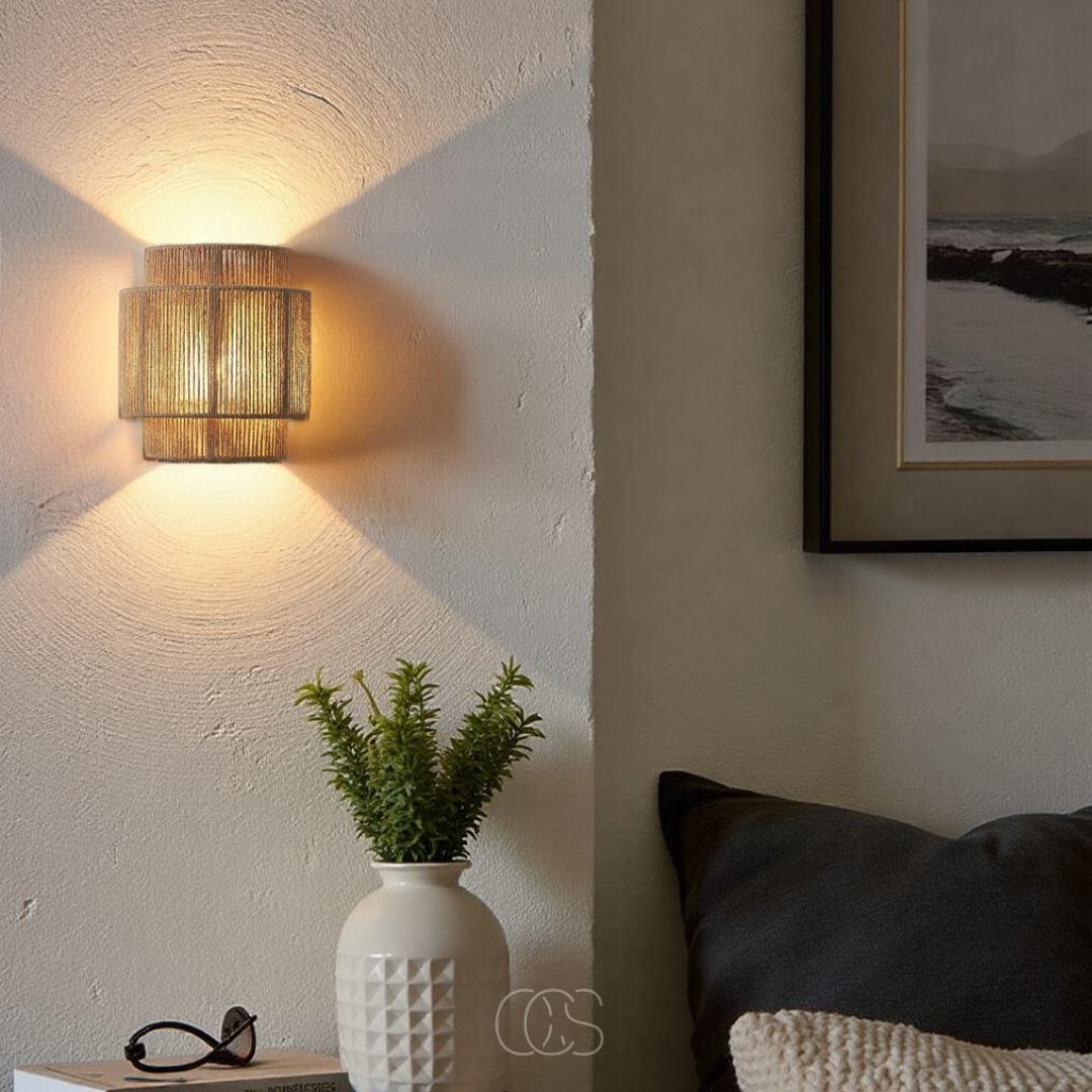 Gevlochten Wandlamp Natuurlijk Riet 25cm Boho Sfeerlicht Warm Schaduwpatroon Woonkamer Slaapkamer Hal Interieur | Sansoti