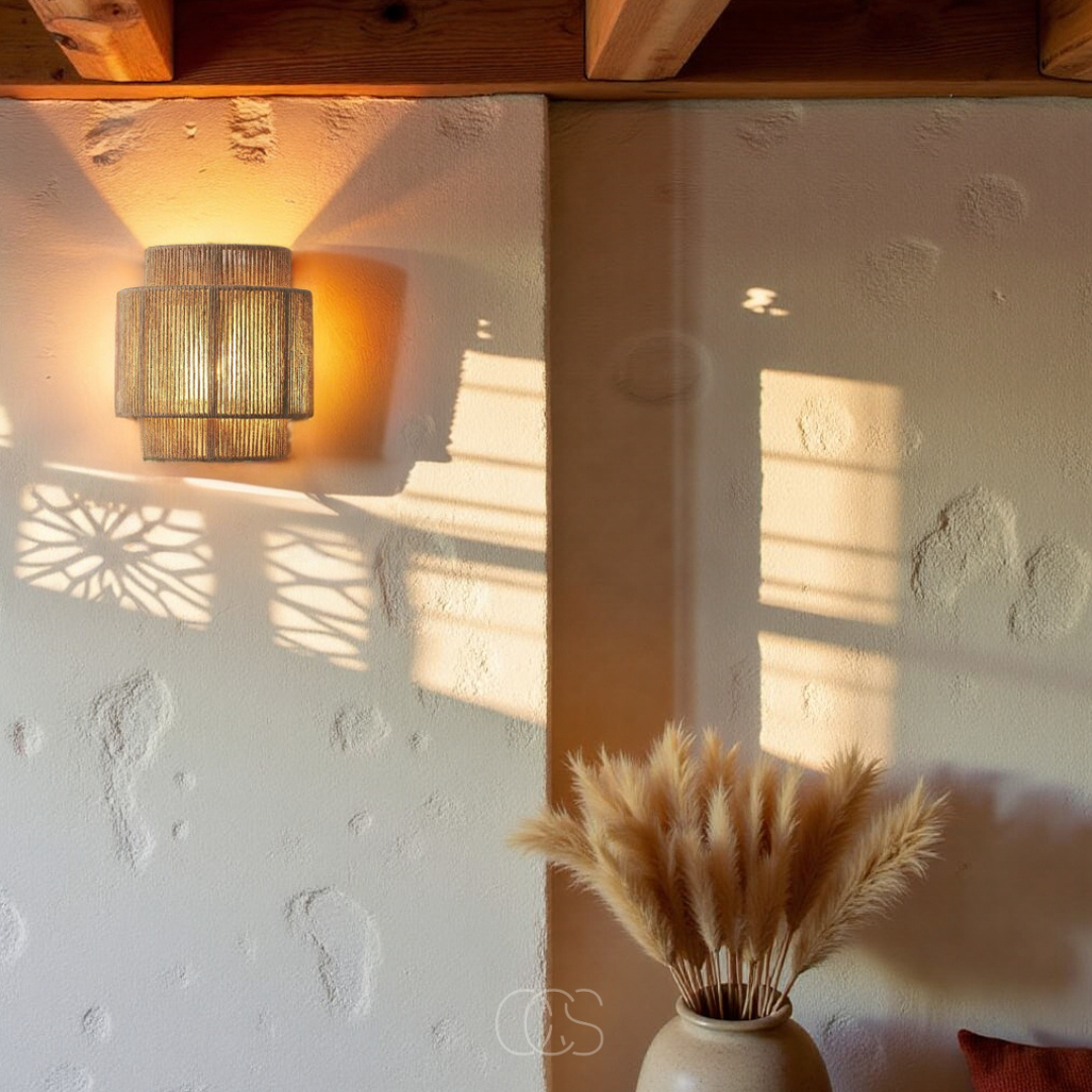 Gevlochten Wandlamp Natuurlijk Riet 25cm Boho Sfeerlicht Warm Schaduwpatroon Woonkamer Slaapkamer Hal Interieur | Sansoti