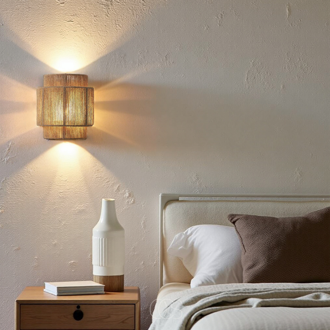 Gevlochten Wandlamp Natuurlijk Riet 25cm Boho Sfeerlicht Warm Schaduwpatroon Woonkamer Slaapkamer Hal Interieur | Sansoti